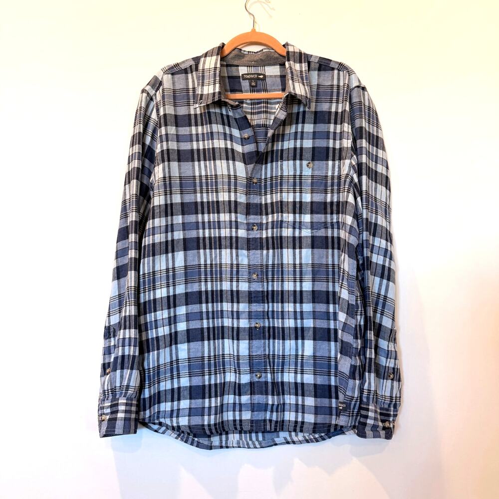 Toad&Co Mens Airsmyth Blue Plaid Flannel Large Long Sleeve Button Down